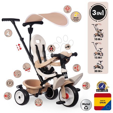 Tricycle à partir de 10 mois - Tricycle et poussette en un avec dossier haut Baby Balade Tricycle Beige Smoby - 2