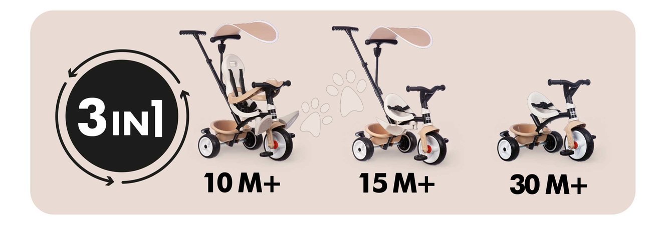 Triciklik 10 hónapos kortól - Tricikli és babakocsi egyben magas háttámasszal Baby Balade Tricycle Beige Smoby - 3