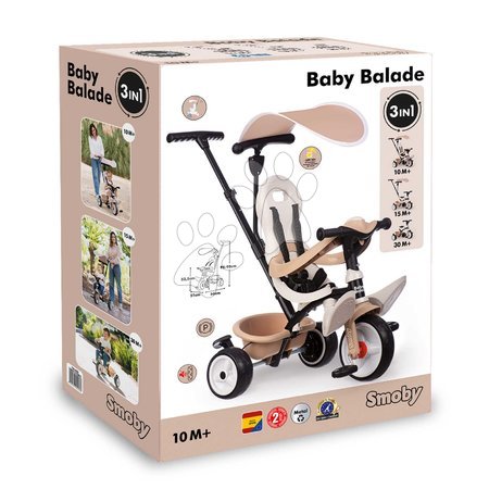 Tricycle à partir de 10 mois - Tricycle et poussette en un avec dossier haut Baby Balade Tricycle Beige Smoby - 6