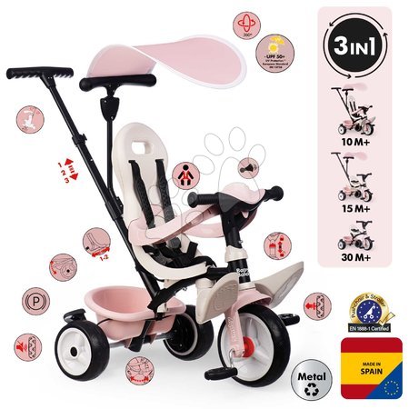 Tricycle à partir de 10 mois - Trotinette et poussette en un avec un dossier haut Baby Balade Tricycle Pink Smoby - 2