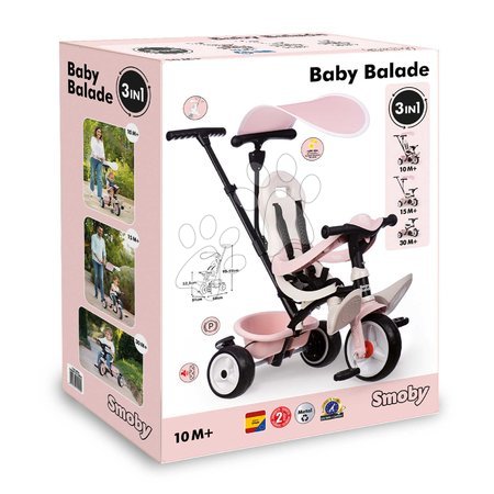 Tricycle à partir de 10 mois - Trotinette et poussette en un avec un dossier haut Baby Balade Tricycle Pink Smoby - 7