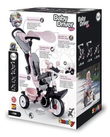 Tricycle à partir de 10 mois - Tricycle et poussette en un avec frein Baby Driver Plus Pink Smoby - 14