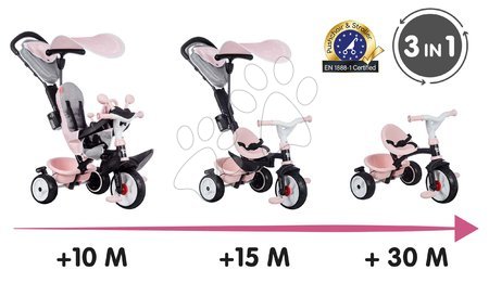 Tricycle à partir de 10 mois - Tricycle et poussette en un avec frein Baby Driver Plus Pink Smoby - 10