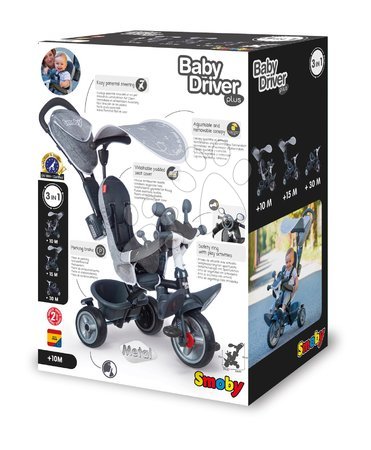 Tricycle à partir de 10 mois - Tricycle et poussette en un avec frein Baby Driver Plus Grey Smoby - 12