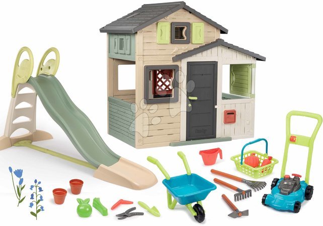 De 3 a 6 años - Set de casa de amigos ecológica en colores naturales con tobogán de 2 metros Friends Evo Playhouse Green Smoby