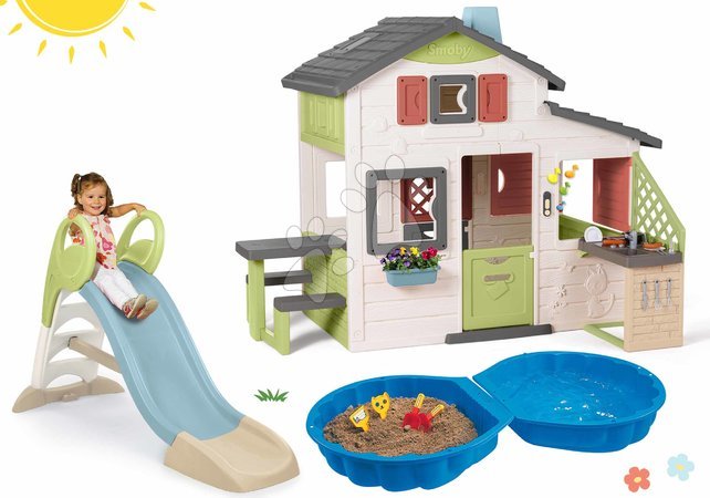 3-6 lat - Zestaw domek Przyjaciół i 1,5 m zjeżdżalnia GM Slide Friends House Life Smoby