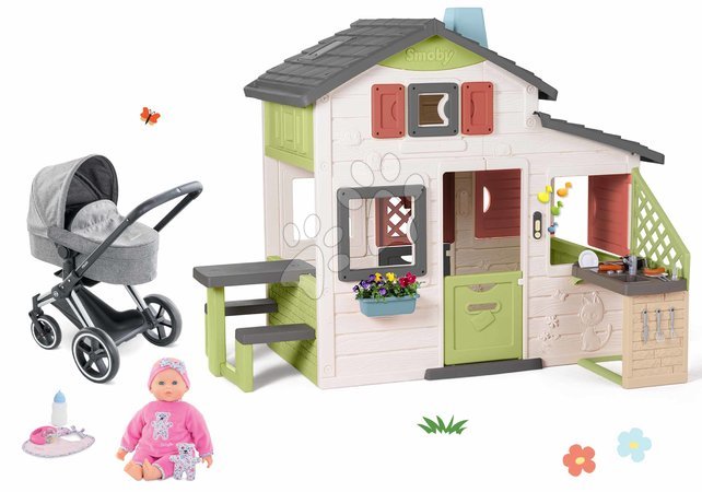 Spielhäuser Sets | Seite 2 - Set Haus der Freunde und Kinderwagen Cybex 3in1 Friends House Life Smoby