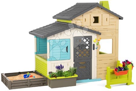  - Maison des Amis avec bac à sable dans le jardin aux couleurs naturelles Friends House Evo Playhouse Smoby