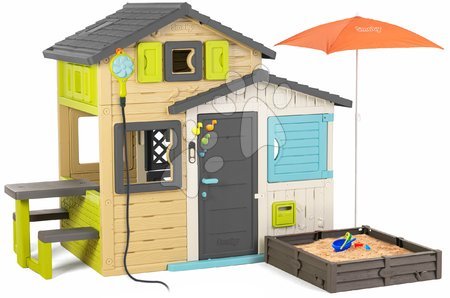 Case set - Domček Priateľov con tavolo e ombrellone nei colori naturali Friends House Evo Playhouse Smoby