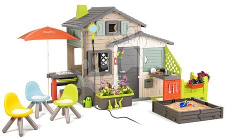 Hračky pre deti od 3 do 6 rokov - Domček Priateľov ekologický s posedením na záhradke v prírodných farbách Friends House Evo Playhouse Green Smoby