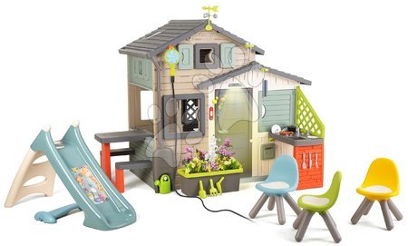 Smoby -  Spielhaus der Freunde Evo Grün  mit Sitzgelegenheit und Rutsche mit Wasserspiel in natürlichen Farben Smoby