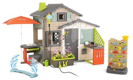 Case in set - Casetta degli Amici ecologica con gioco d'acqua presso la parete di gioco nei colori naturali Friends House Evo Playhouse Gre