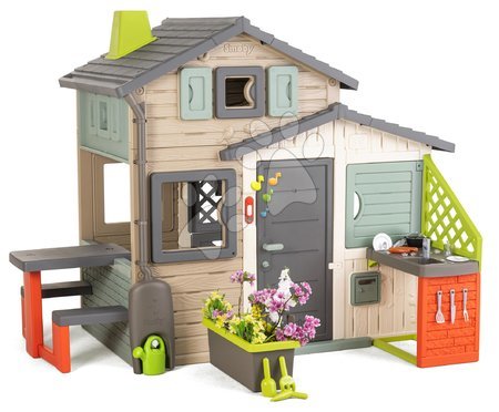 Domečky pro děti - Domeček Přátel ekologický s květináčem u kuchyňky v přírodních barvách Friends House Evo Playhouse Green Smoby 