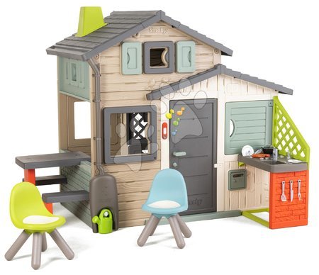 Cabanes avec toboggan pour enfants - Maison des Amis écologique avec coin pique-nique aux couleurs naturelles Friends House Evo Playhouse Green Smoby