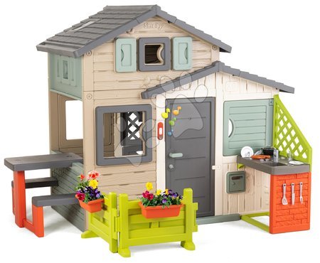 Domečky pro děti - Domeček Přátel ekologický se zahrádkou před domkem v přírodních barvách Friends House Evo Playhouse Green Smoby