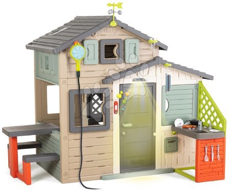 Hračky pre deti od 3 do 6 rokov - Domček Priateľov ekologický so záhradnou sprchou v prírodných farbách Friends House Evo Playhouse Green Smoby