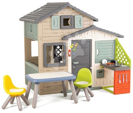 Domčeky pre deti - Domček Priateľov ekologický s posedením pri kuchynke v prírodných farbách Friends House Evo Playhouse Green Smoby