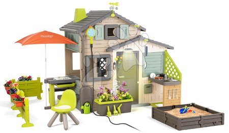 Jucării pentru copilași de la 3 la 6 ani - Căsuța Pietenilor ecologică cu grădină sub umbrelă în culori naturale maro Friends House Evo Playhouse Green Smoby