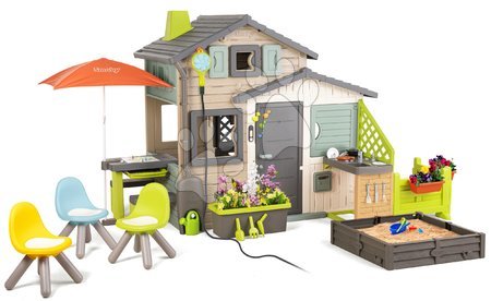 Hračky pre deti od 3 do 6 rokov - Domček Priateľov ekologický s posedením na záhradke v natur hnedých farbách Friends House Evo Playhouse Green Smoby