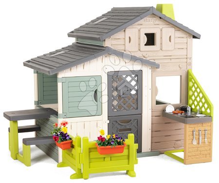 Kućice za djecu - Dom prijatelja ekološki sa vrtićem pored kuhinje u prirodnim smeđim bojama Friends House Evo Playhouse Green Smoby