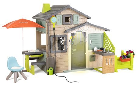 Spielhäuser in Sets - Spiellhaus der Freunde ökologisch mit einer Küche unter einer Lampe in natürlichen Brauntönen Friends House Smoby