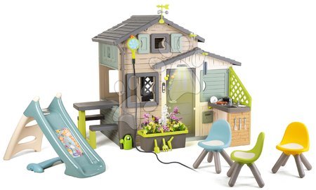 Igračke za djecu od 3 do 6 godina - Dom prijatelja ekološki s prostorom za sjedenje pored klizališta s vodenom igrom u prirodnim smeđim bojama Friends House Evo 