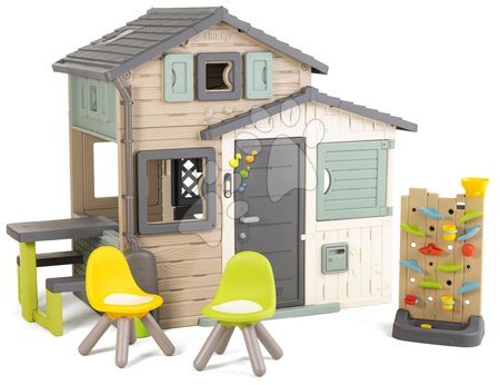 Domečky s nábytkem - Domček Priateľov ekologický s posedením pri hracej stene v natur hnedých farbách Friends House Evo Playhouse Green Smoby