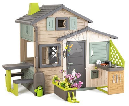 Kerti játszóházak gyerekeknek - Ökobarát Jóbarátok házikó virágtartóval a konyhánál natúr barna színvilágban Friends House Evo Playhouse Green Smoby