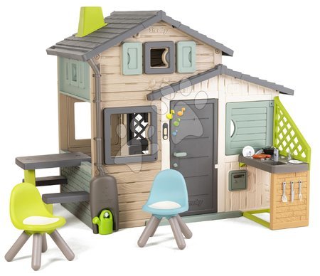 Kućice s namještajem - Dom prijatelja ekološki s piknik sjedenjem u prirodnim smeđim bojama Friends House Evo Playhouse Green Smoby