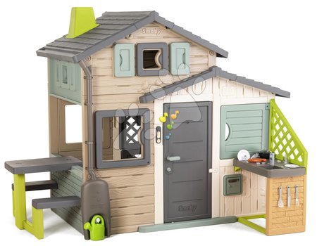 Domečky pro děti - Domček Priateľov ekologický s odkvapom s krhličkou v natur hnedých farbách Friends House Evo Playhouse Green Smoby