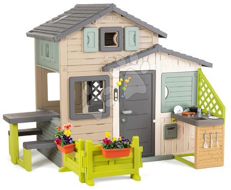 Hračky pre deti od 3 do 6 rokov - Domček Priateľov ekologický so záhradkou na priedomí v natur hnedých farbách Friends House Evo Playhouse Green Smoby