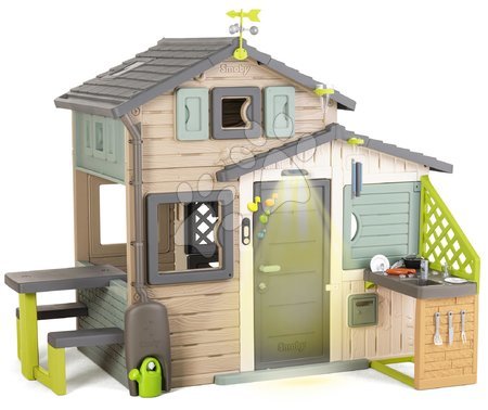 Domečky pro děti - Domček Priateľov ekologický so záhradným osvetlením v natur hnedých farbách Friends House Evo Playhouse Green Smoby