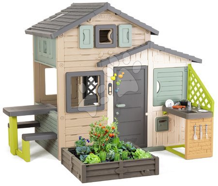 Spielhäuser mit Sandkasten - Spielhaus der Freunde ökologisch mit einem Sandkasten im Garten in natürlichen Brauntönen Grün Smoby