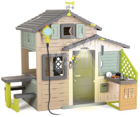Hračky pre deti od 3 do 6 rokov - Domček Priateľov ekologický so záhradnou sprchou v natur hnedých farbách Friends House Evo Playhouse Green Smoby