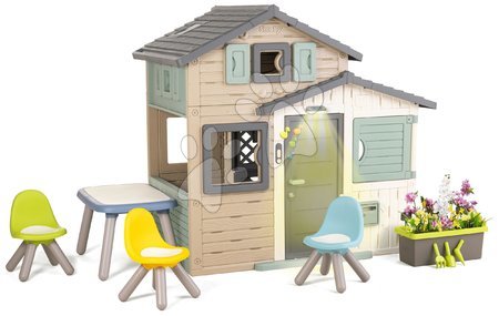 Domečky s nábytkem - Domček Priateľov ekologický so záhradným posedením v natur hnedých farbách Friends House Evo Playhouse Green Smoby