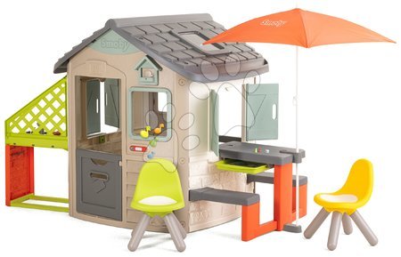  - Maisonnette écologique avec coin de jeu sous le parasol aux couleurs naturelles Neo Jura Lodge Playhouse Green Smoby