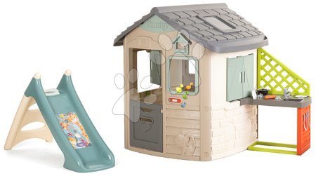 Case in set - Casetta ecologica con scivolo d'acqua nei colori naturali Neo Jura Lodge Playhouse Green Smoby