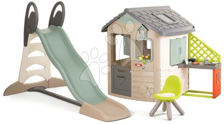 Case in set - Casetta ecologica con grande scivolo in colori naturali Neo Jura Lodge Playhouse Green Smoby