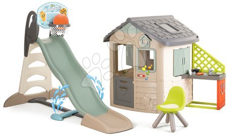 Case in set - Casetta ecologica e scivolo con basket in colori naturali Neo Jura Lodge Playhouse Green Smoby