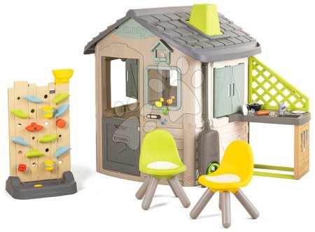 Case in set - Casetta ecologica con zona relax accanto alla parete da gioco in colore marrone naturale Neo Jura Lodge Playhouse Green Smoby