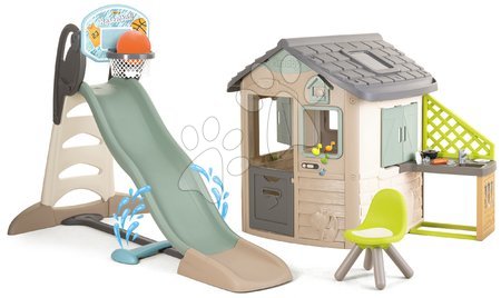 Case per bambini con scivolo - Casetta ecologica con basket su scivolo nei colori naturali marroni Neo Jura Lodge Playhouse Green Smoby