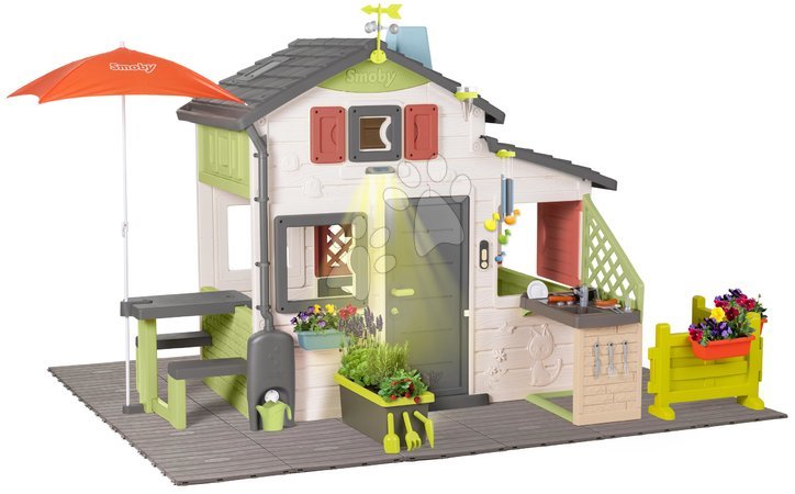 Spielhäuser Sets - Spielhaus mit Sitzgelegenheit unter dem Sonnenschirm Friends House DeLuxe Life Smoby