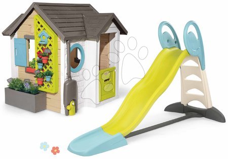 Dětské domečky - Set domeček pro zahradníka s XL 2,3m skluzavkou s vlhčením Garden House Smoby