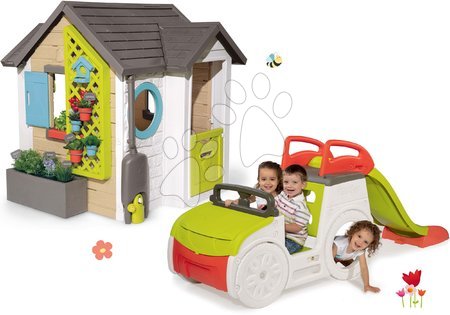 Hračky pro děti od 2 do 3 let - Set domeček pro zahradníka s prolézačkou auto a 1,5m skluzavkou Garden House Smoby