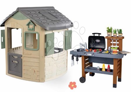Cabanes avec meubles - 
Maison de jeu écologique avec barbecue pour jardin avec eau courante Neo Jura Lodge Playhouse Green Smoby