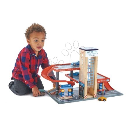 Wooden toy cars - Wooden multi-story garage Blue Bird Service Station Tender Leaf Toys - 5