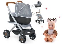 Set cărucior adânc și sportiv DeLuxe Pastel Maxi Cosi&Quinny Grey 3în1 Smoby și păpușă în costumul Cerb Animal Doll MiniKiss 27 cm cu sunete