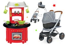 Set cărucior adânc și sport DeLuxe Pastel Maxi Cosi&Quinny Grey 3în1 Smoby și bucătărie de jucărie 100% Chef Stove cu accesorii