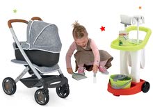 Set kočárek hluboký a sportovní DeLuxe Pastel Maxi Cosi&Quinny Grey 3v1 Smoby a úklidový vozík s kbelíkem