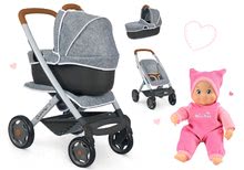 Set cărucior adânc și sportiv DeLuxe Pastel Maxi Cosi&Quinny Grey 3în1 Smoby și păpușa Minikiss cu sunete